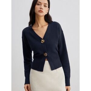 Commense Cardigan Women S Navy Blue V-Neck Sculptural Gold Button Cropped Knit